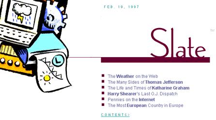Slate's front page on February 19, 1997, shown at 75 percent of full size