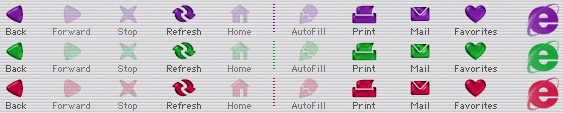 Composite screen shot of IE 5 toolbar in Grape, Lime, and Strawberry colors
