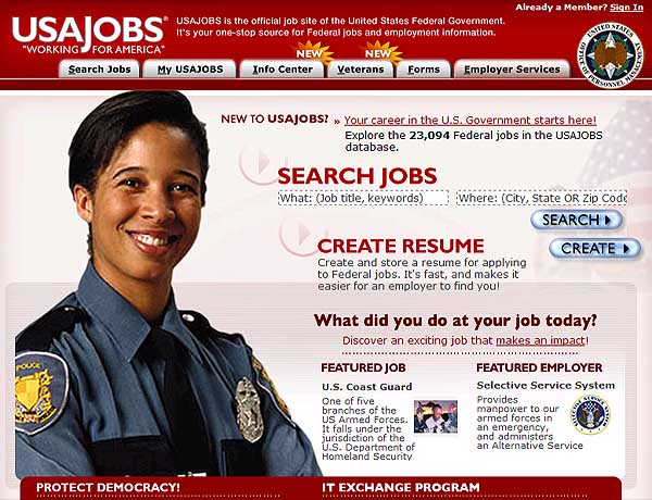 The top of the homepage for USA Jobs. The screen is dominated by a huge photo of a police officer.