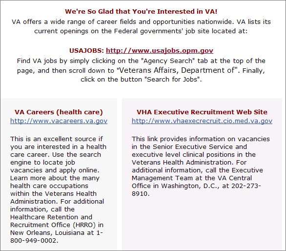 Veterans Affairs job page with three links: USA jobs, VA Careers, and VHA Executive Recruitment