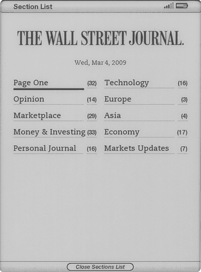 Kindle 2に表示された、Wall Street Journalの目次のスクリーンショット