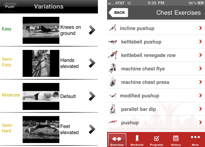 2つのiPhoneアプリ内のエクササイズのリスト： You Are Your Own Gym（左）とFull Fitness（右） 
