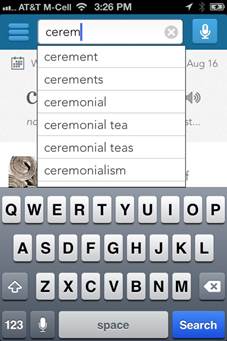 Dictionaryアプリで「cerem」まで入力したときの自動サジェスト