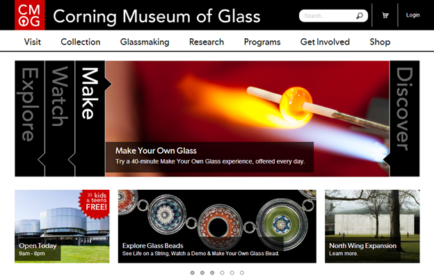 Corning Museum of Glassのホームページ。"Make"の枠が開いた状態。