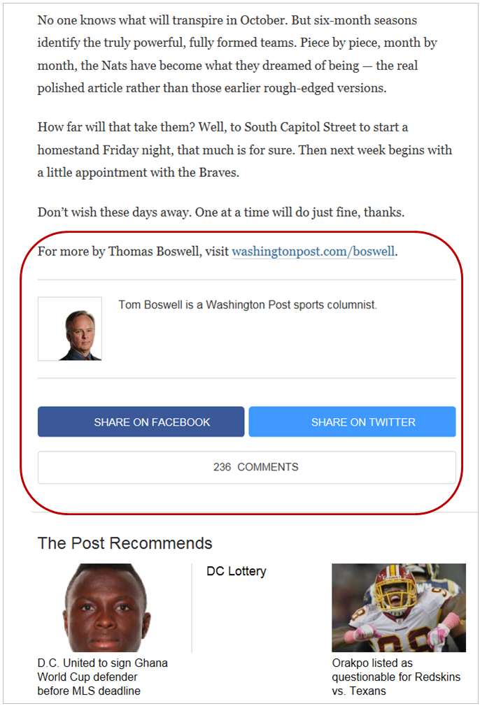 WashingtonPost.com： （評価：もう少しがんばりましょう）　おすすめ記事（：The post recommends）に向かう視線上の経路がジャーナリストについての詳細とソーシャル機能によってふさがれている。