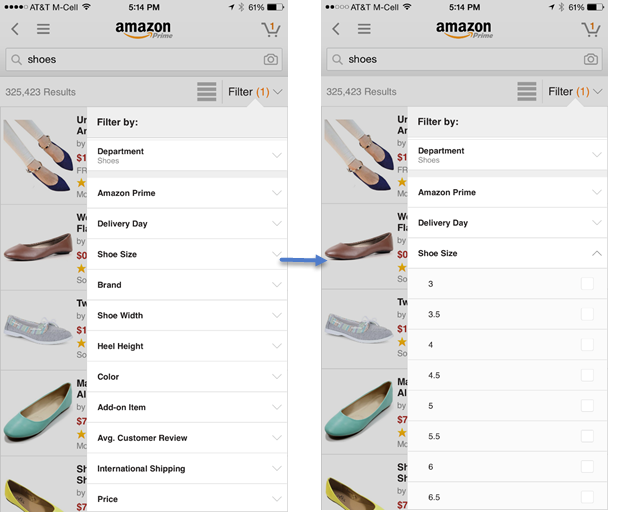 Amazon.com： Shoe Size（：靴サイズ）のアコーディオンの見出しは、ユーザーがサイズのリストをスクロールし始めるとそこに固定された。このデザインのおかげで、アコーディオンをすぐに閉じて、次のオプションに移動しやすくなっていた。