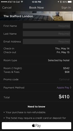 Hotel Tonight：　Pay（：支払い）ボタンはページの最下部に常に出ていて、いつでもアクセス可能である。これによって、ユーザーは支払いボタンへのアクセスを常時確保しつつ、必要回数だけ、ページにインタラクトすればよくなる。ボタンが予想通りの理にかなった位置に表示されているからである。