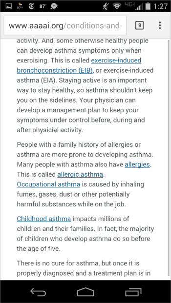 American Academy of Allergy, Asthma and Immunologyのサイトの記事にはユーザーを追加情報に誘導するインラインリンクが多数含まれていた。