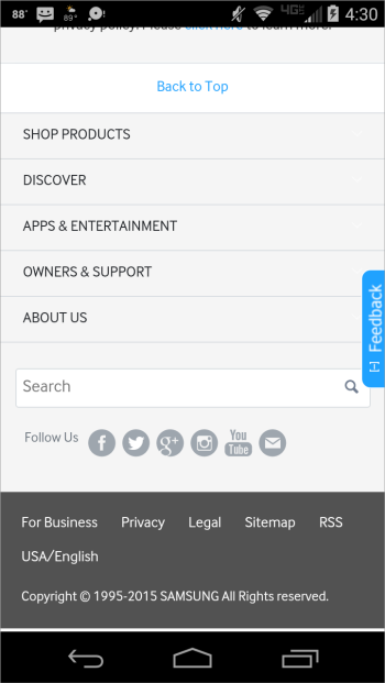 Samsung.comではサイトのメインナビゲーションが各ページのフッターに表示されていた。