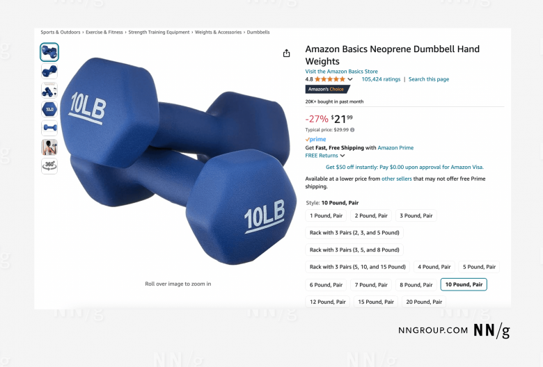 amazonのダンベルの商品ページと商品詳細のスクリーンショット。