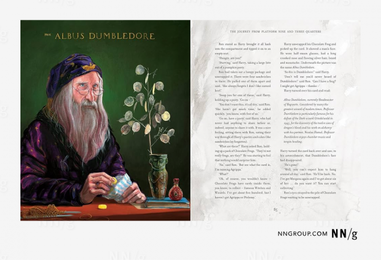テキストとAlbus Dumbledoreのイラストが含まれた、ハリー・ポッターの電子書籍2ページのスクリーンショット。