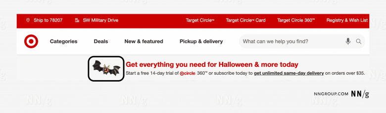 漫画のコウモリの装飾が施された、ハロウィン関連商品を宣伝する、Targetのウェブページのスクリーンショット。