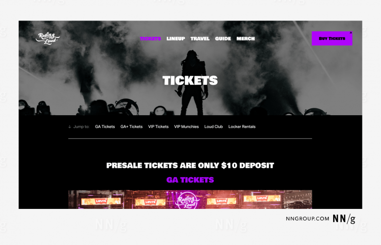 チケット購入のウェブページのスクリーンショット。ライブコンサートのメインビジュアルがその背景にある。