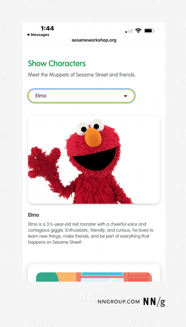 Sesame Streeのキャラクター、Elmo
のウェブページのスクリーンショット。彼の身体的特徴や性格の説明とともに。