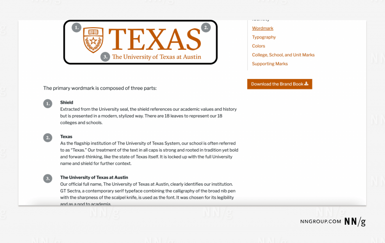 UT Austinブランドガイドラインのページのスクリーンショット。大きなUTのロゴがページ中央に配置され、ロゴの説明がその下にある。