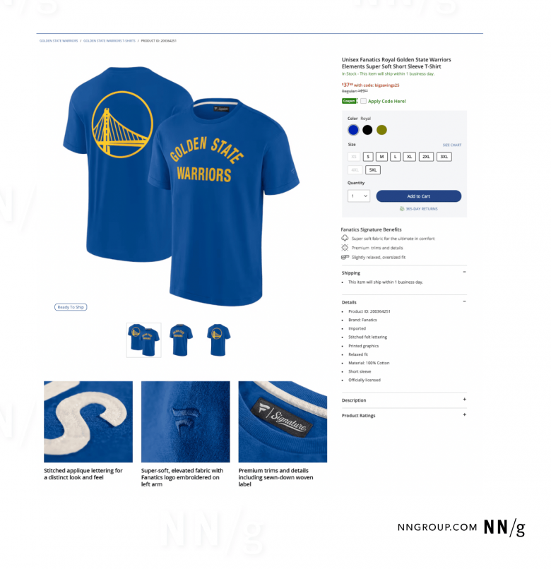 「Golden State Warriors」と書かれたロイヤルブルーのTシャツの商品ページのスクリーンショット。