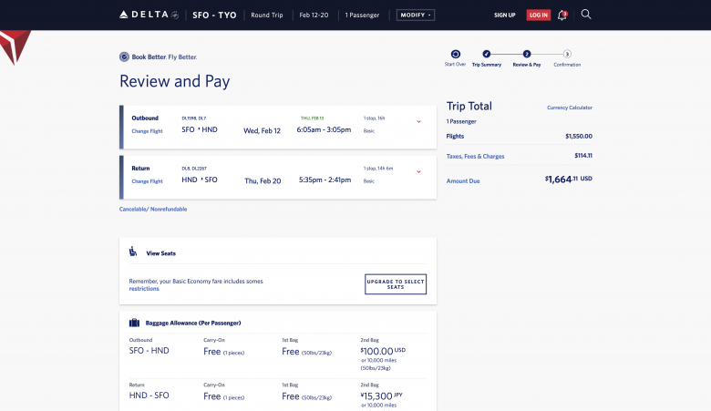 Delta.comにおける、より手間のかからないチェックアウト体験を示したスクリーンショット。