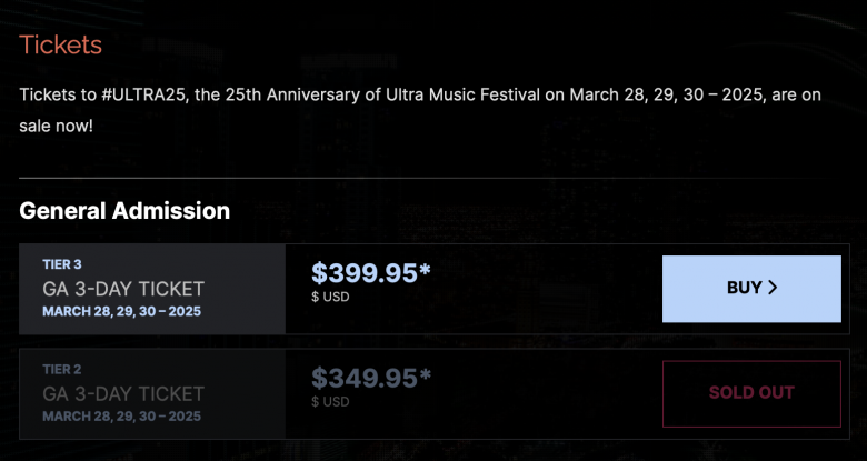Ultra Music Festivalsの一般入場券の料金プランのスクリーンショット。