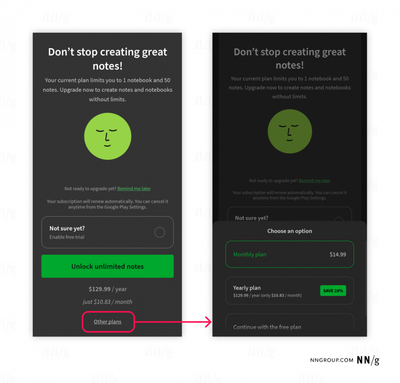 Evernoteの料金プランを選択する画面のスクリーンショット。