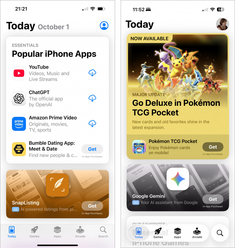 iOSの新旧バージョンのApp Storeの比較。新iOSでは検索が独立したピル型の要素に収められて視覚的に分離され、その分、他のアイコンがより密集している。