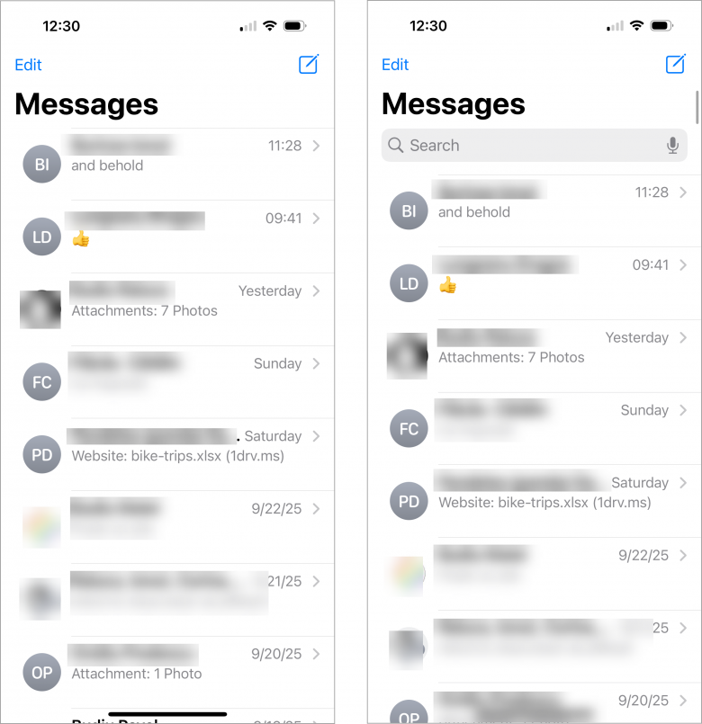 iOSの旧バージョンのスクリーンショット。検索バーはデフォルトでは非表示だったが、ユーザーが画面を下にスワイプして引き下げると画面上部に表示された。