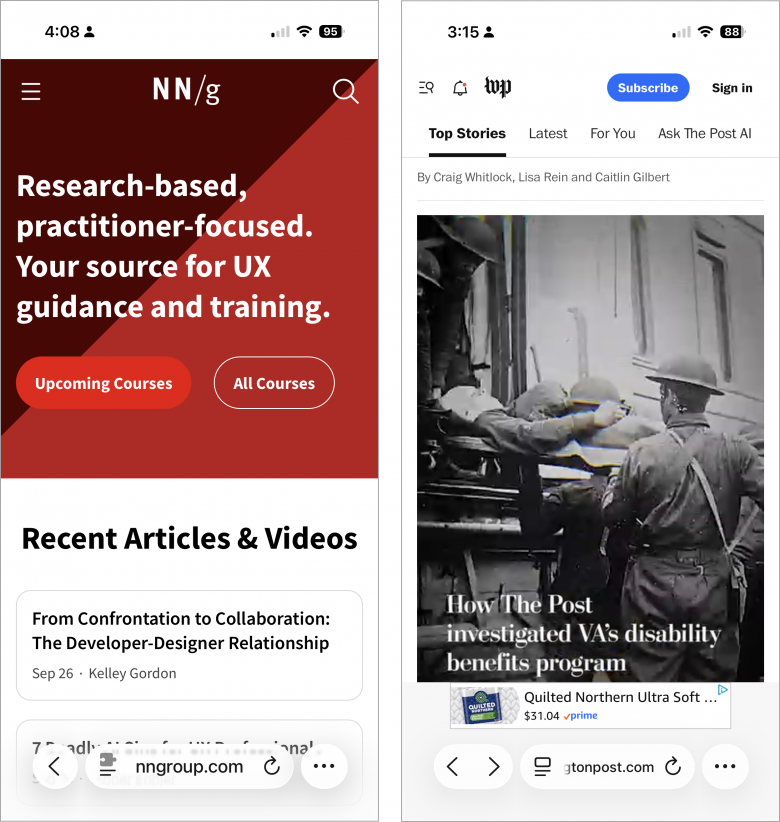 Safariの新しいデザインのスクリーンショット2枚。1枚目の画像のコントロールには戻るボタンのみが表示され、2枚目の画像には戻るボタンと進むボタンの両方が表示されている。