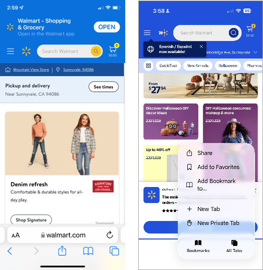 iOSの新旧バージョンのSafariアプリの比較。旧バージョンには、タブを示す2つの四角形からなるアイコンがある。新バージョンでは、別のメニューを選択すると、タブが画面下隅にポップアップ表示される。