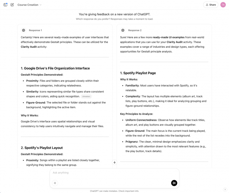 情報のレイアウトが異なる2つのChatGPTの応答。冒頭でどちらを好むかの選択をユーザーに求めている。