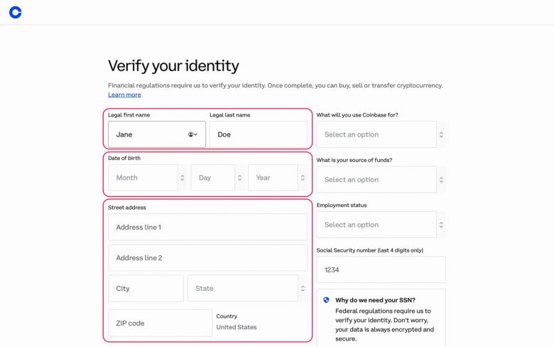 氏名・生年月日・住所などの個人情報を求める本人確認フォーム。データセキュリティと米国の社会保障番号（SSN）の使用に関する説明文が添えられている。