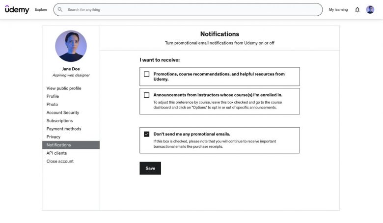 Udemyの通知設定ページ。メールのプリファレンス設定に関する3つのチェックボックスが表示されていて、「プロモーションメールを一切送らない」が選択されている。左側にサイドバーナビゲーションがある。