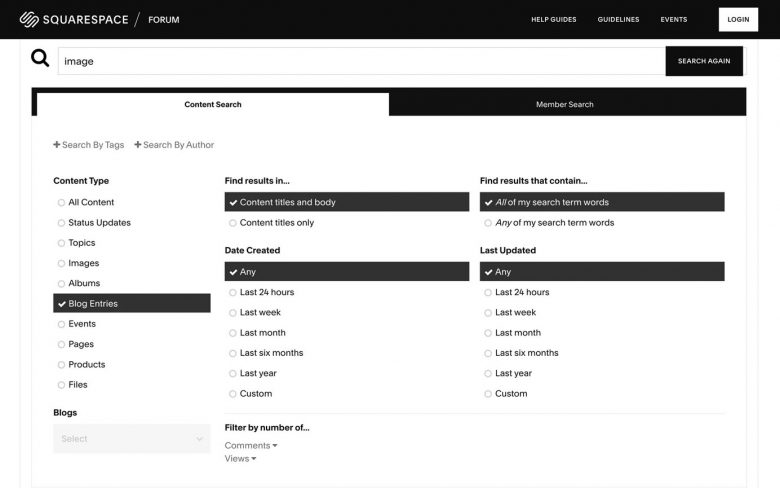 Squarespaceのフォーラムのコンテンツ検索インタフェース。フィルターは「ブログ記事」が選択され、「コンテンツのタイトルと本文」が検索対象に設定されている。「検索語句の全単語」も選択中。日付フィルターは「いずれか」。