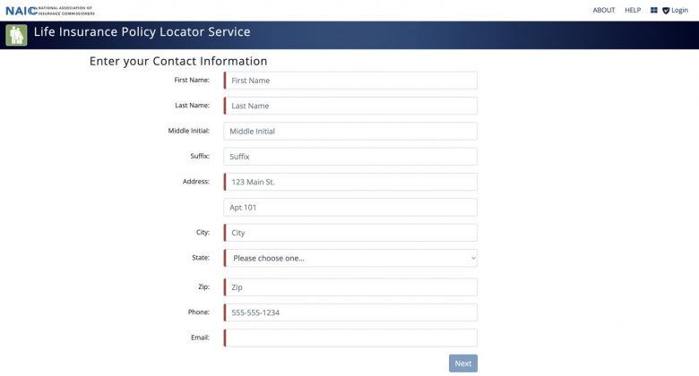 「生命保険証券検索サービス」というタイトルのフォーム。氏名・住所・電話番号・メールアドレスなどの連絡先情報の入力を求めている。必須フィールドが赤色で強調表示されている。