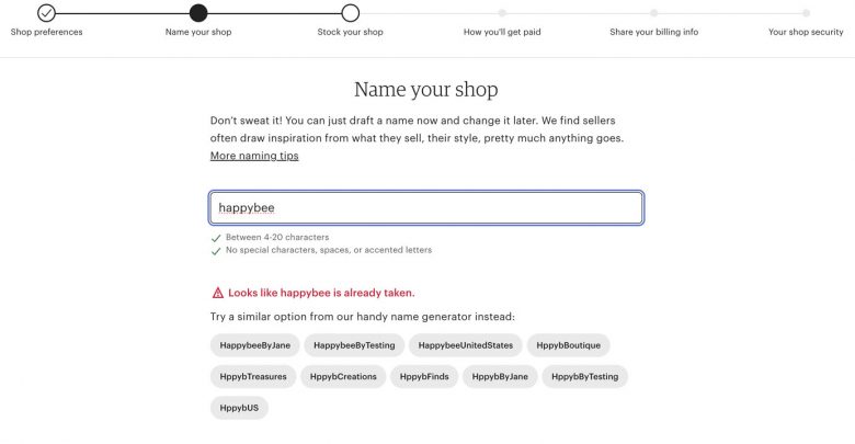 ショップ名の作成画面。「happybee」と入力されているが、その名前はすでに使われている、というエラーメッセージが表示されている。入力フィールドの下には代替候補が表示されている。プログレスバーは全6ステップ中の2ステップ目を示している。