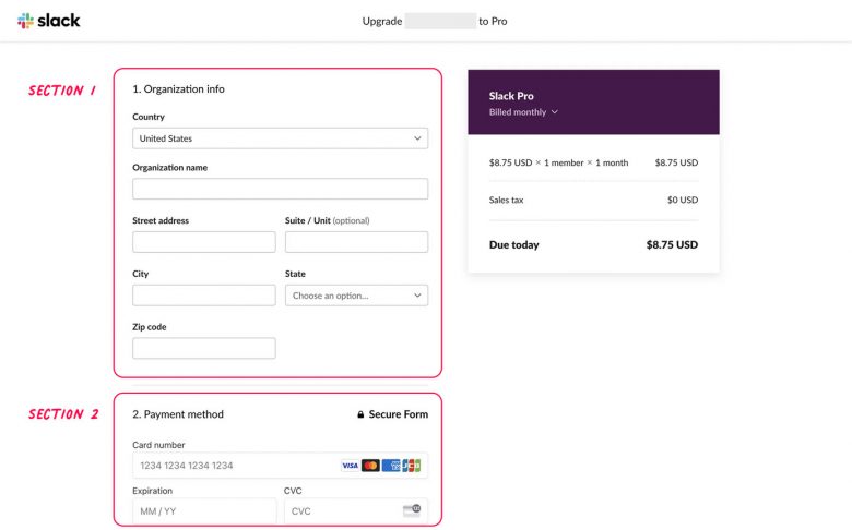 Slackのアップグレード用支払いフォーム。所属組織と住所の詳細を入力するセクション1と、クレジットカードの支払い情報を入力するセクション2の、2つのセクションがある。