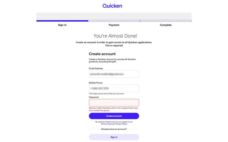 Quickenのアカウント作成フォーム。メールアドレス・携帯電話番号・パスワードのフィールドがある。プログレスバーは全3ステップ中の1ステップ目を示している。パスワードフィールドは条件を満たしていないためエラーが表示されている。