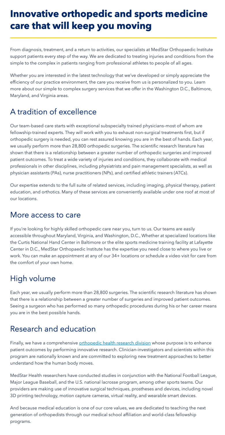 整形外科疾患の治療におけるこの病院グループの歴史、他の医療機関との違い、そして継続的な研究について説明する、複数段落からなるページ。