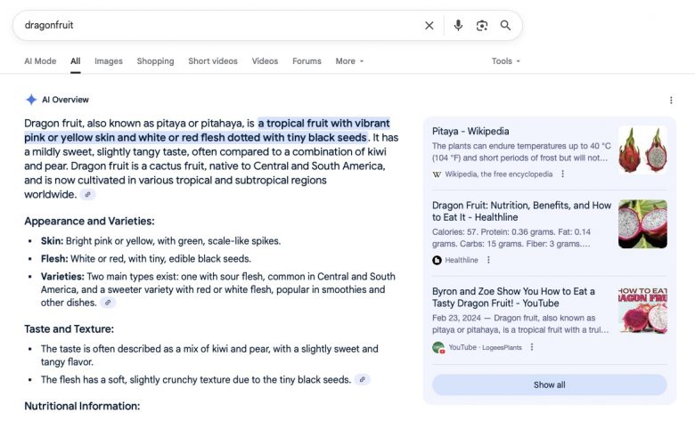 「ドラゴンフルーツ」のGoogle検索結果ページには、AIによる概要が表示されている。皮、果肉、品種、味、食感に関する詳細も含まれている。