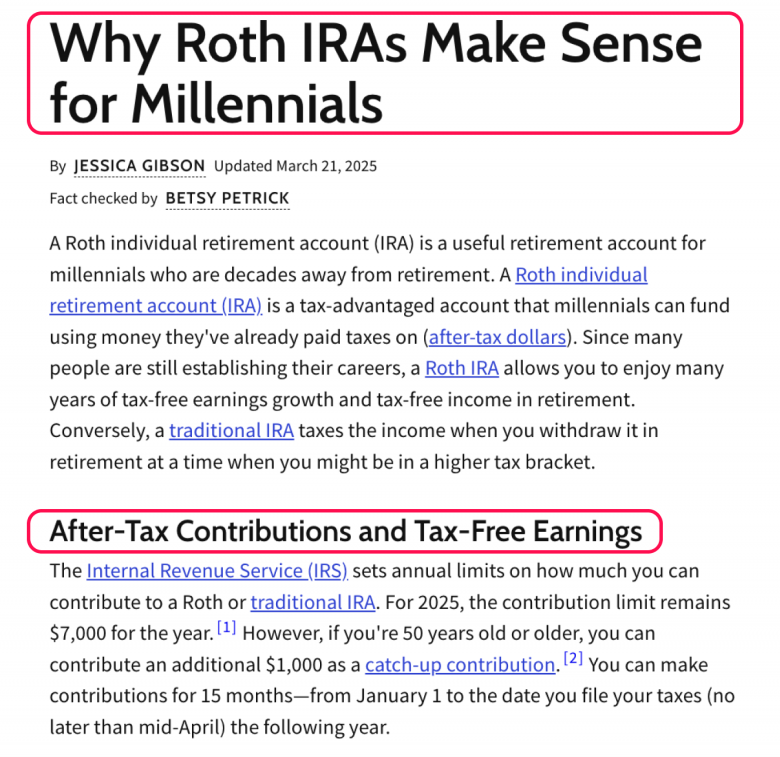 タイトル：ミレニアル世代にとってRoth IRAが理にかなう理由。見出し：税引き後の拠出と非課税の運用益。