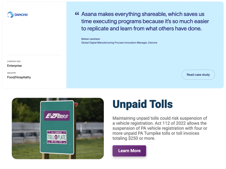 上：顧客の声を掲載しているカード。下：ペンシルベニア州で通行料金を未払いのままにしておくと問題になる理由を説明するカード。