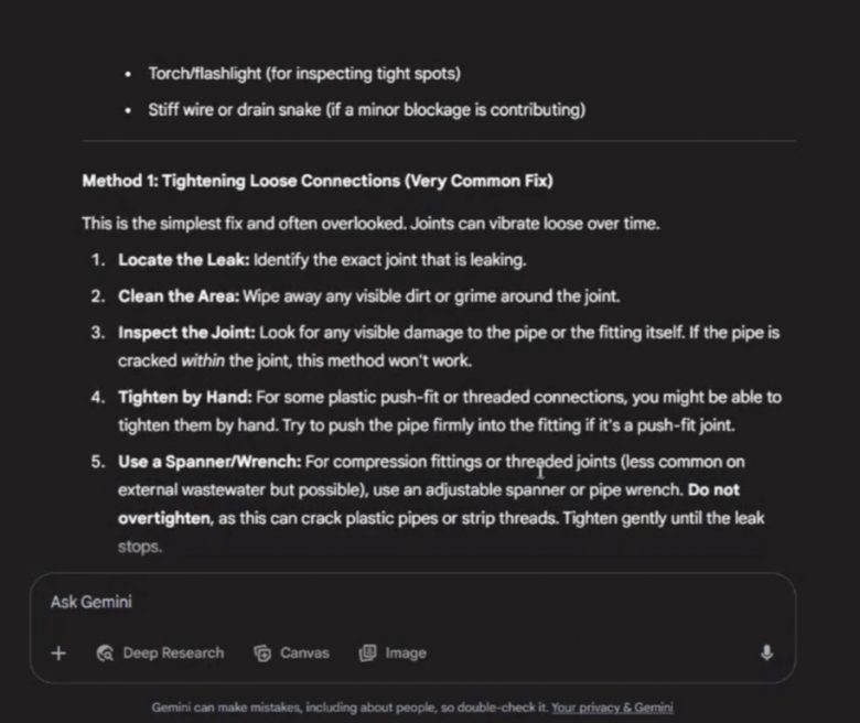 「方法1：緩んだ接続部の締め付け（非常に一般的な対処法）」という見出しの下に、配管の修理手順が記載されたGemini AIの回答のスクリーンショット。
